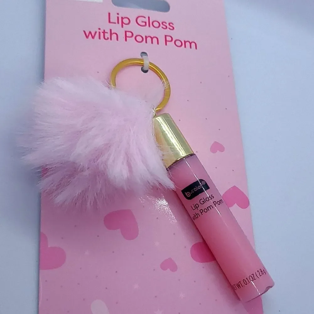 NEW Lip Gloss & Pom Pom Keychain ❤️ Shimmer Pink Furry Ball Backpack Purse Clip